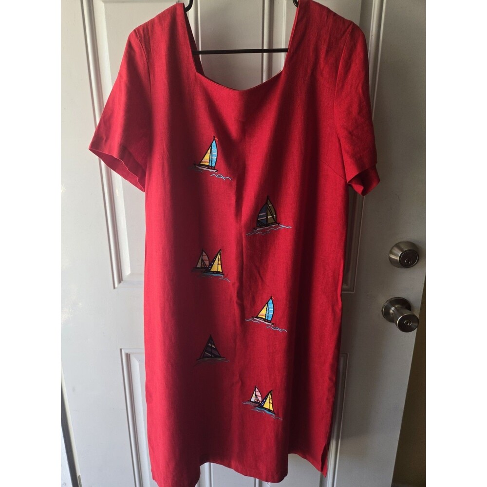 Country Concepts Linen Cotton Sailboat Emroidered Dress L Red Coastal Beach